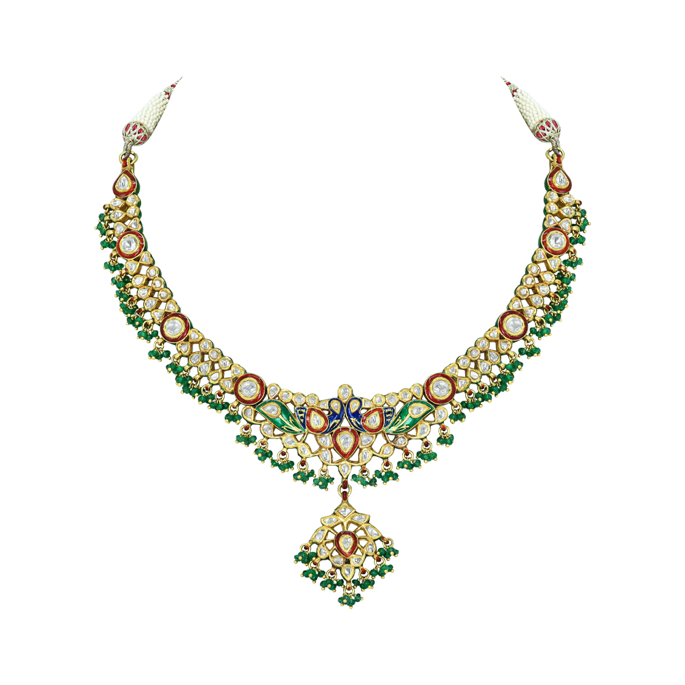 Peacock Polki Necklace with Multicolour Enamel and Bead Drops